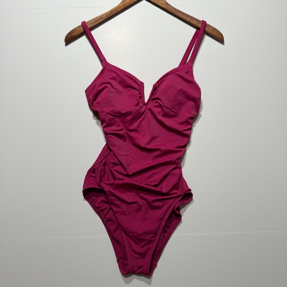 Time and Tru Women’s Pink One Piece Swimsuit, Tummy Control Ruched Sides, Size S